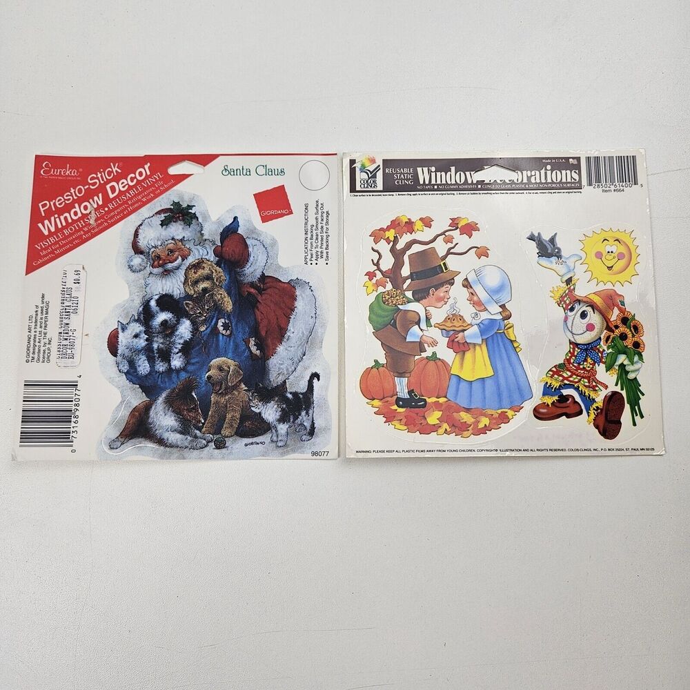 Vtg Christmas Santa Puppy Fall Thanksgiving Autumn Clings Window USA Lot Of 2